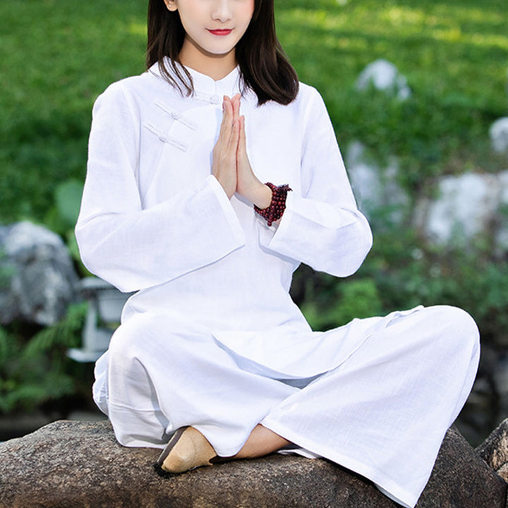 Buddha Stones 2Pcs Plain Long Sleeve Zen Yoga Clothing Meditation Clothing Top Pants Women's Set