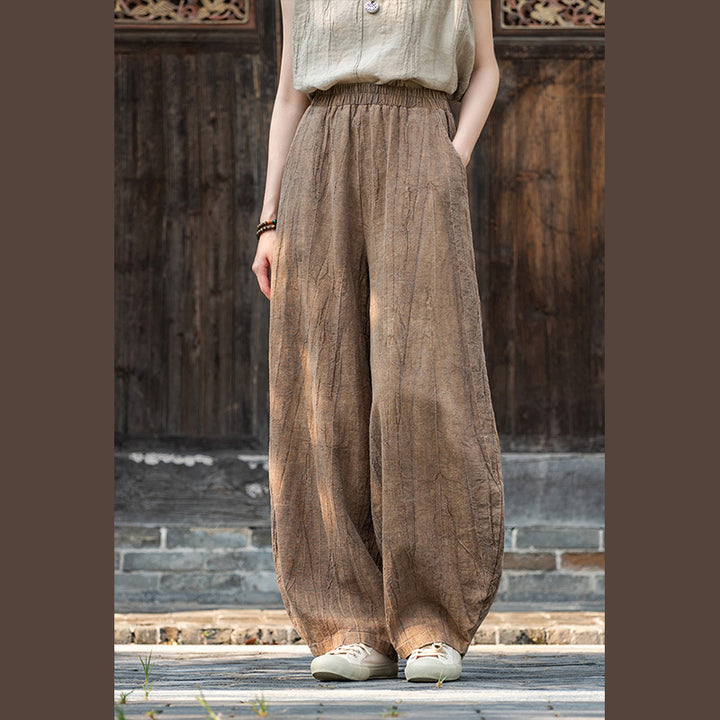 Buddha Stones Ramie Cotton Linen Pants Tie-dye Design Trousers Loose Zen Yoga Women's Pants with Pockets - Brown(Regular Style) - US8-10，UK/AU12-14，EU40-42 (L)  - image 24