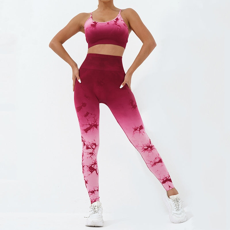 Buddha Stones 2Pcs Simple Tie Dye Print Crop Tank Top High Waist Pants Sports Gym Outfits Women's Yoga Sets - image 1