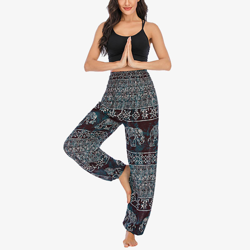 Buddha Stones Elephant Pattern Loose Casual Harem Trousers High Waist Women's Yoga Pants - Black Elephant-US2-8/10，UK/AU6-12/14，EU34-40/42 (F) - image 1