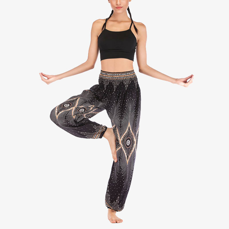 Buddha Stones Small Eye Peacock Feathers Pattern Loose Smocked Harem Trousers High Waist Women's Yoga Pants