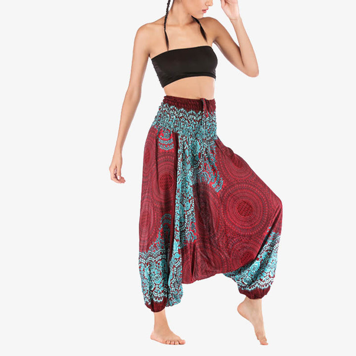 Buddha Stones Two Style Wear Round Geometric Pattern Loose Smocked Harem Trousers Jumpsuit High Waist Women's Yoga Pants - image 2
