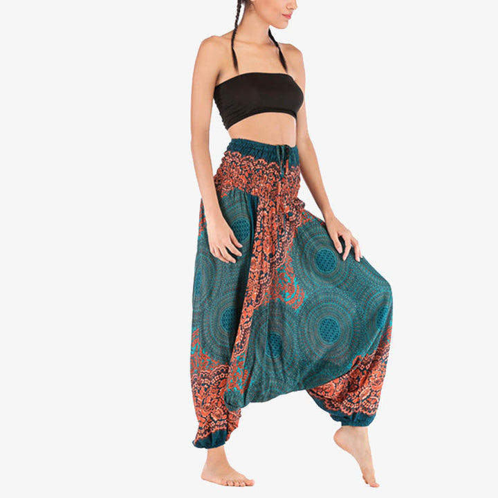 Buddha Stones Two Style Wear Round Geometric Pattern Loose Smocked Harem Trousers Jumpsuit High Waist Women's Yoga Pants