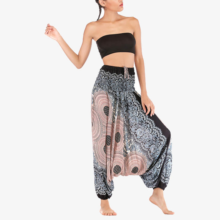 Buddha Stones Two Style Wear Round Geometric Pattern Loose Smocked Harem Trousers Jumpsuit High Waist Women's Yoga Pants - image 33