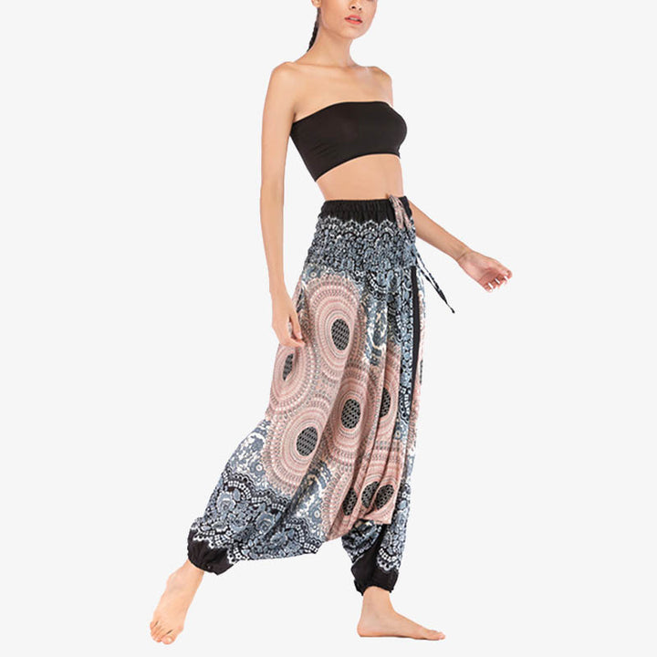 Buddha Stones Two Style Wear Round Geometric Pattern Loose Smocked Harem Trousers Jumpsuit High Waist Women's Yoga Pants - image 30