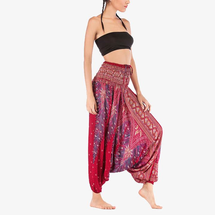 Buddha Stones Two Style Wear Feathers Geometric Pattern Loose Smocked Trousers Jumpsuit Women's Yoga Pants - image 2