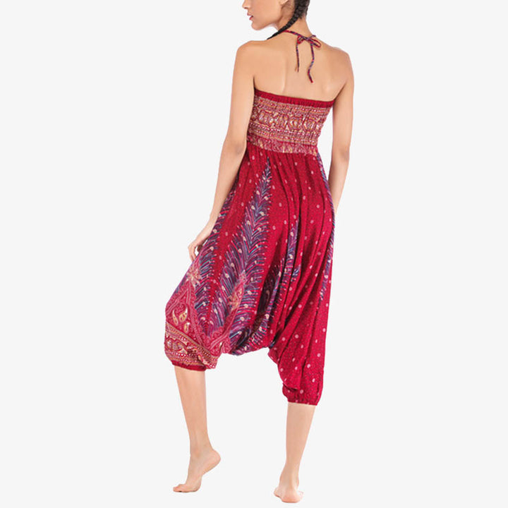 Buddha Stones Two Style Wear Feathers Geometric Pattern Loose Smocked Trousers Jumpsuit Women's Yoga Pants - image 8