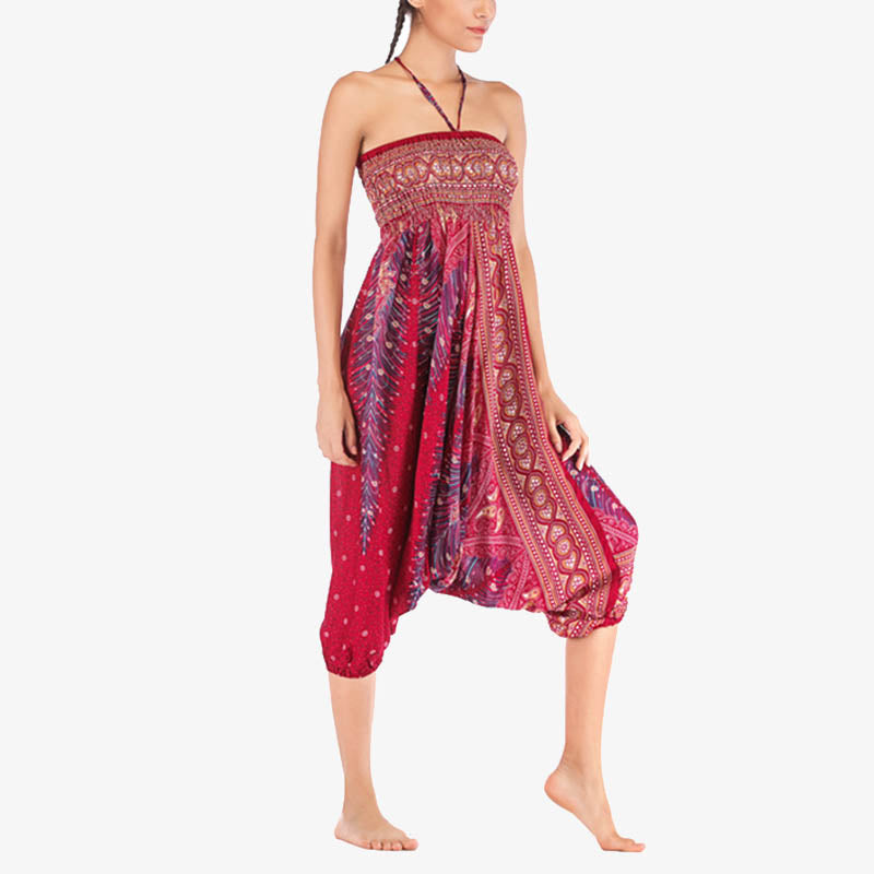 Buddha Stones Two Style Wear Feathers Geometric Pattern Loose Smocked Trousers Jumpsuit Women's Yoga Pants - image 6