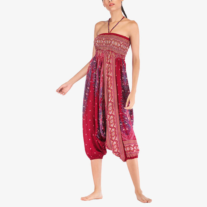 Buddha Stones Two Style Wear Feathers Geometric Pattern Loose Smocked Trousers Jumpsuit Women's Yoga Pants - image 7