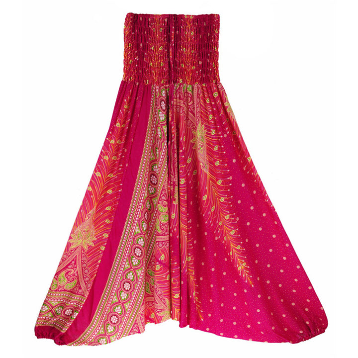 Buddha Stones Two Style Wear Feathers Geometric Pattern Loose Smocked Trousers Jumpsuit Women's Yoga Pants - Rose Red Peacock - US2-12，UK/AU6-16，EU34-44 (F) - image 10