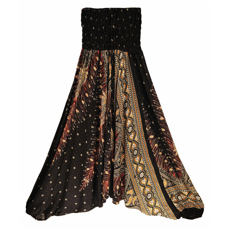 Buddha Stones Two Style Wear Feathers Geometric Pattern Loose Smocked Trousers Jumpsuit Women's Yoga Pants - Black Peacock - US2-12，UK/AU6-16，EU34-44 (F) - image 18