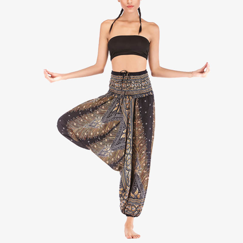 Buddha Stones Two Style Wear Feathers Geometric Pattern Loose Smocked Trousers Jumpsuit Women's Yoga Pants - image 19