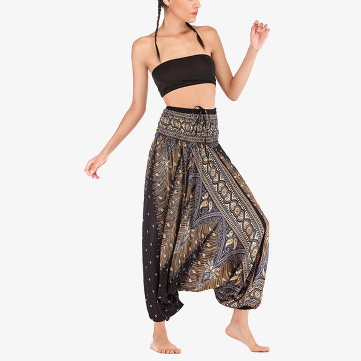 Buddha Stones Two Style Wear Feathers Geometric Pattern Loose Smocked Trousers Jumpsuit Women's Yoga Pants - image 21