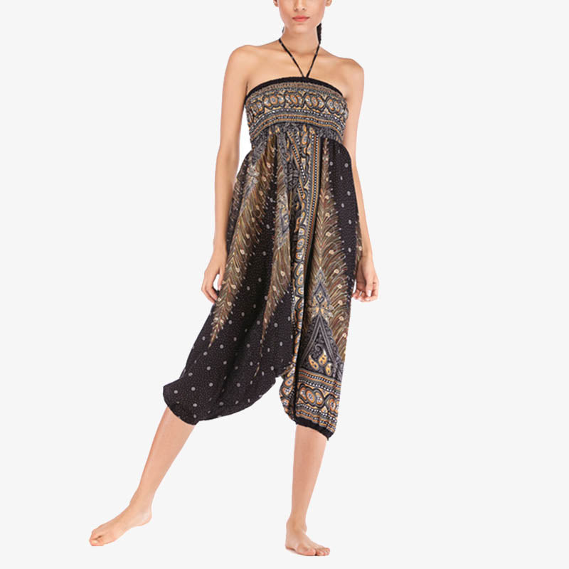 Buddha Stones Two Style Wear Feathers Geometric Pattern Loose Smocked Trousers Jumpsuit Women's Yoga Pants - image 24