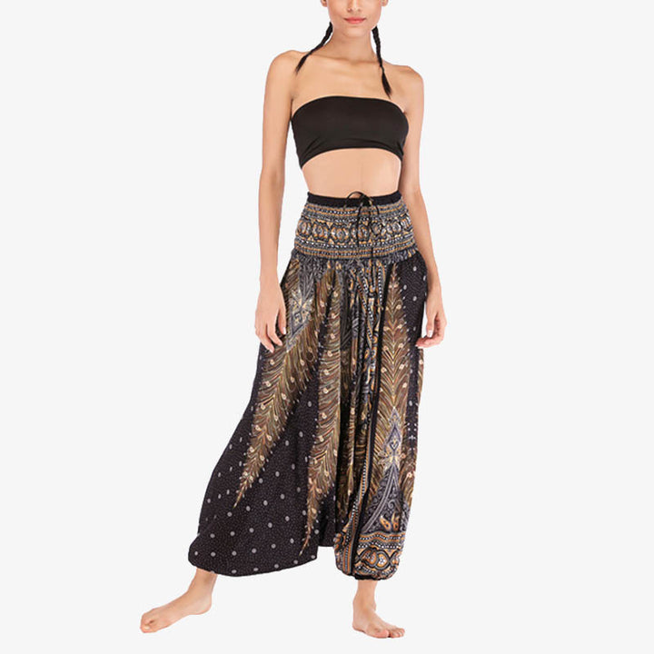 Buddha Stones Two Style Wear Feathers Geometric Pattern Loose Smocked Trousers Jumpsuit Women's Yoga Pants - image 23