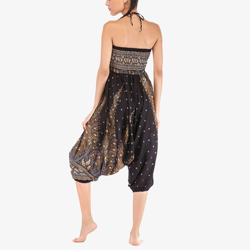 Buddha Stones Two Style Wear Feathers Geometric Pattern Loose Smocked Trousers Jumpsuit Women's Yoga Pants - image 26