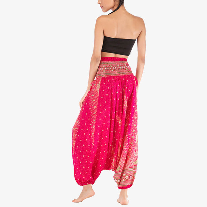 Buddha Stones Two Style Wear Feathers Geometric Pattern Loose Smocked Trousers Jumpsuit Women's Yoga Pants - image 14