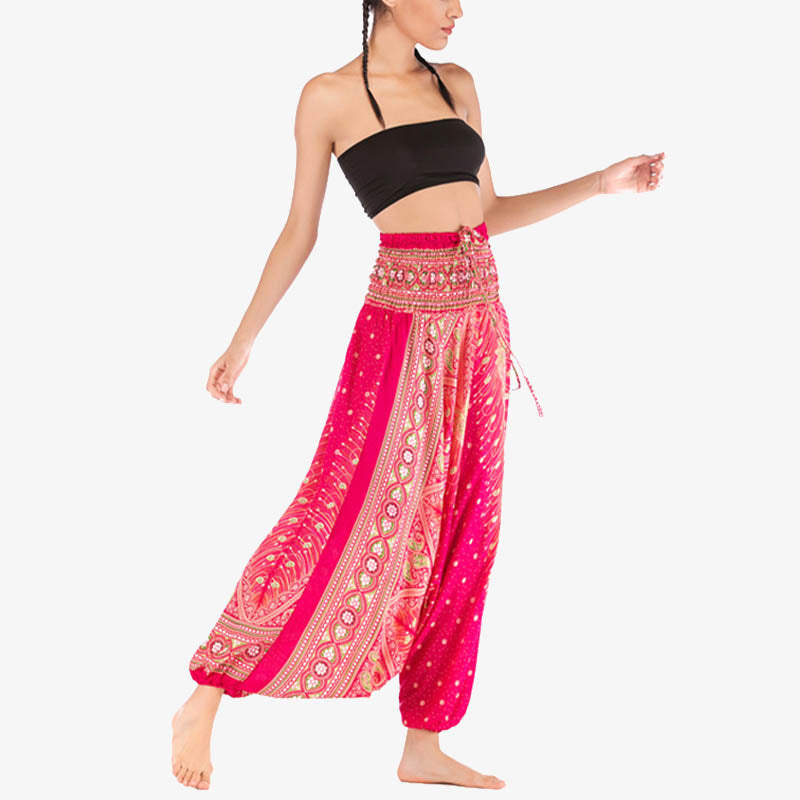 Buddha Stones Two Style Wear Feathers Geometric Pattern Loose Smocked Trousers Jumpsuit Women's Yoga Pants - image 13