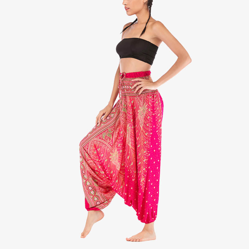 Buddha Stones Two Style Wear Feathers Geometric Pattern Loose Smocked Trousers Jumpsuit Women's Yoga Pants - image 15