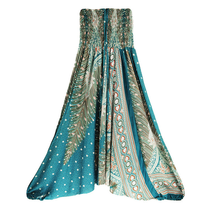 Buddha Stones Two Style Wear Feathers Geometric Pattern Loose Smocked Trousers Jumpsuit Women's Yoga Pants - Cyan Green Peacock - US2-12，UK/AU6-16，EU34-44 (F) - image 27