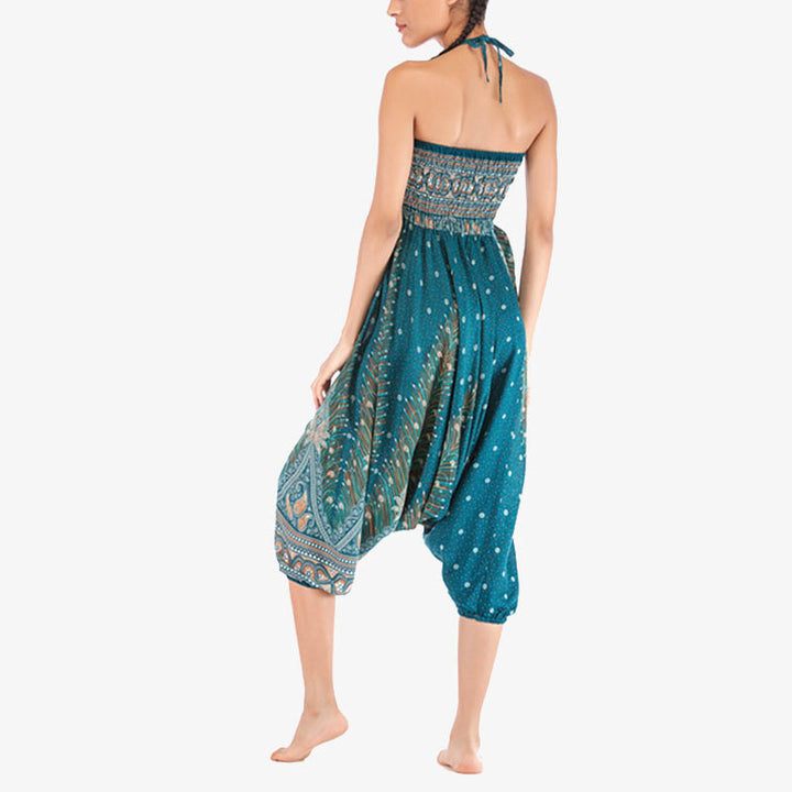 Buddha Stones Two Style Wear Feathers Geometric Pattern Loose Smocked Trousers Jumpsuit Women's Yoga Pants - image 35