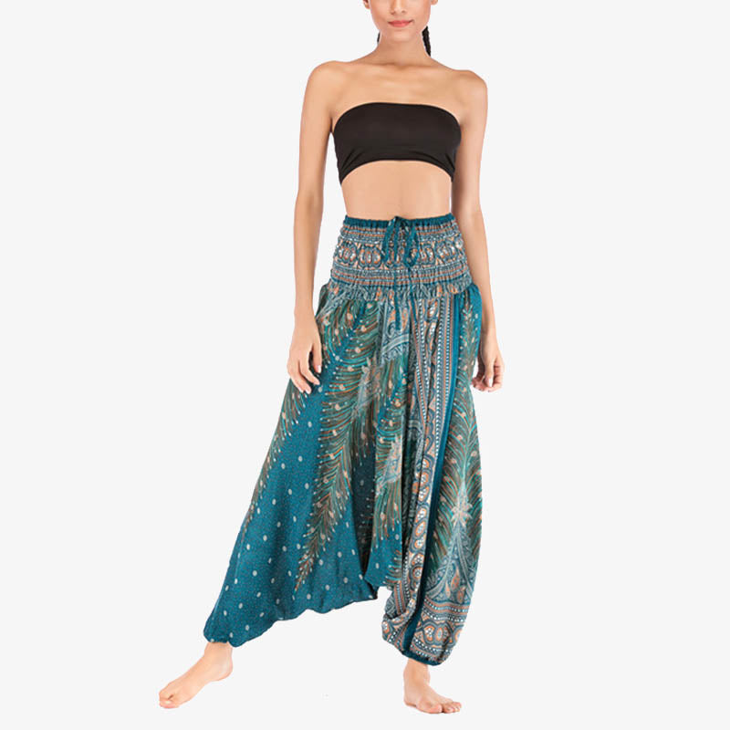Buddha Stones Two Style Wear Feathers Geometric Pattern Loose Smocked Trousers Jumpsuit Women's Yoga Pants - image 30