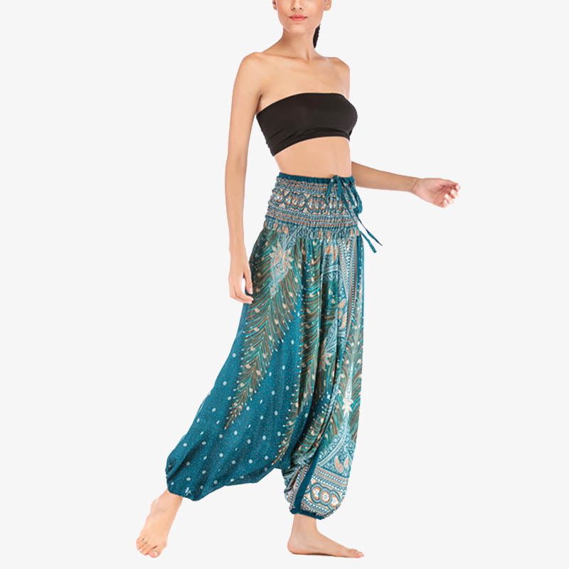 Buddha Stones Two Style Wear Feathers Geometric Pattern Loose Smocked Trousers Jumpsuit Women's Yoga Pants - image 31