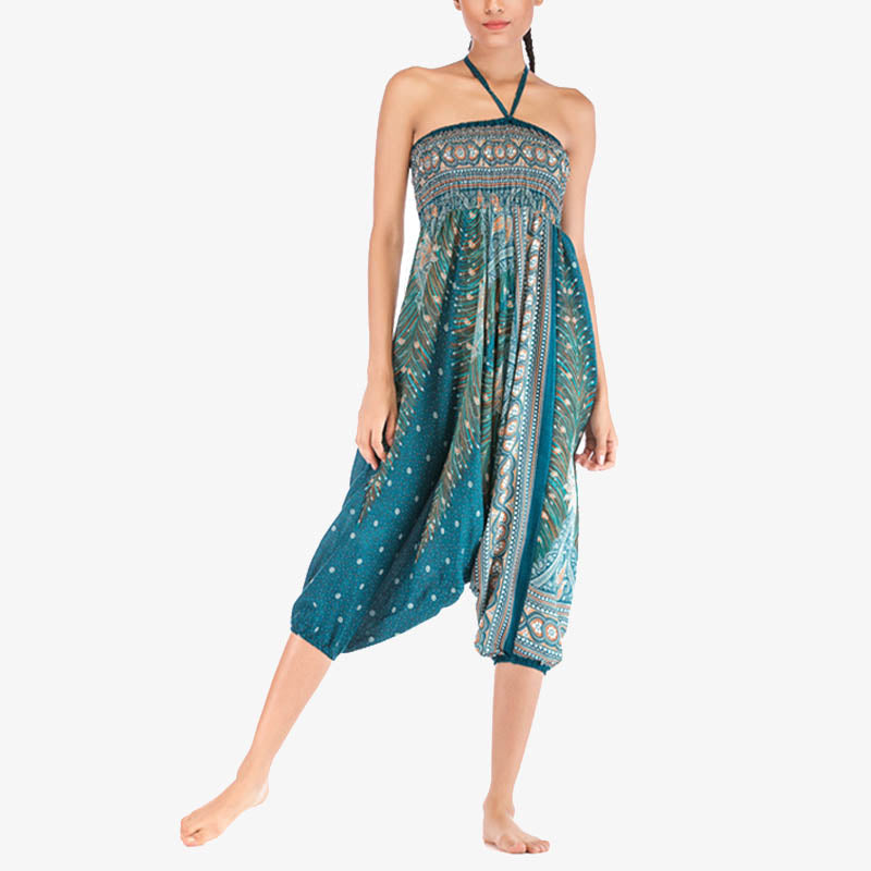 Buddha Stones Two Style Wear Feathers Geometric Pattern Loose Smocked Trousers Jumpsuit Women's Yoga Pants - image 33