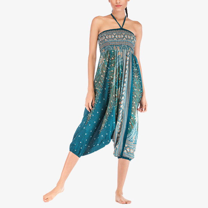 Buddha Stones Two Style Wear Feathers Geometric Pattern Loose Smocked Trousers Jumpsuit Women's Yoga Pants - image 33