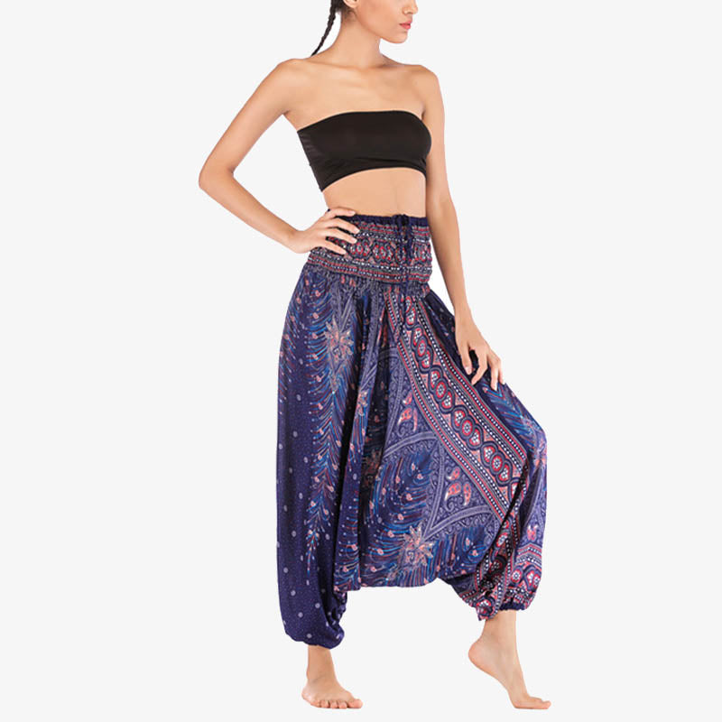 Buddha Stones Two Style Wear Feathers Geometric Pattern Loose Smocked Trousers Jumpsuit Women's Yoga Pants - image 37