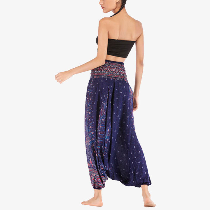Buddha Stones Two Style Wear Feathers Geometric Pattern Loose Smocked Trousers Jumpsuit Women's Yoga Pants - image 40