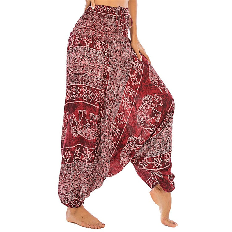 Buddha Stones Two Style Wear Elephant Pattern Loose Smocked Harem Trousers Jumpsuit Women's Yoga Pants