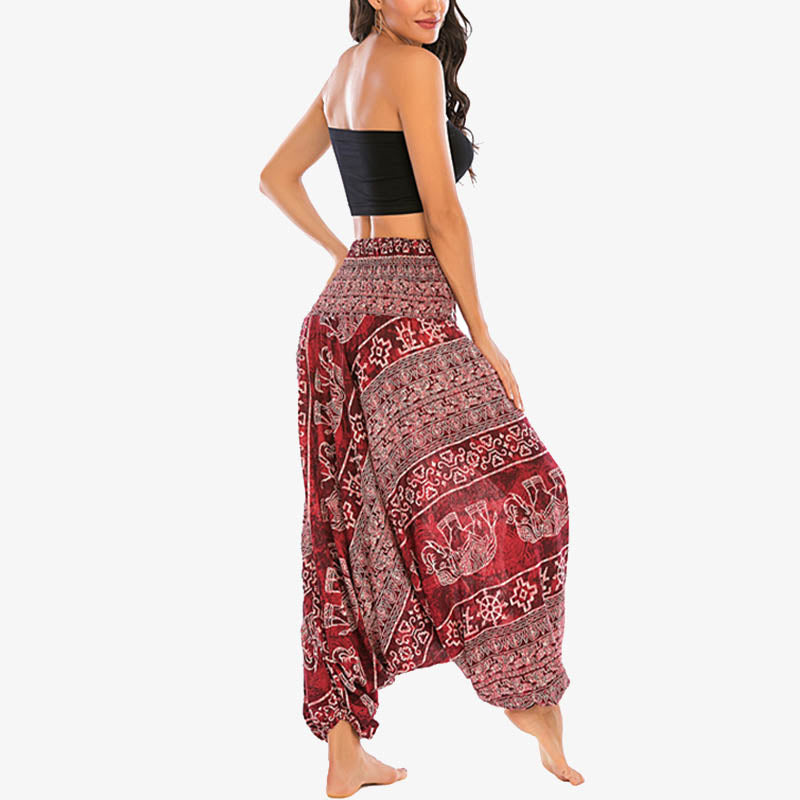 Buddha Stones Two Style Wear Elephant Pattern Loose Smocked Harem Trousers Jumpsuit Women's Yoga Pants - image 4
