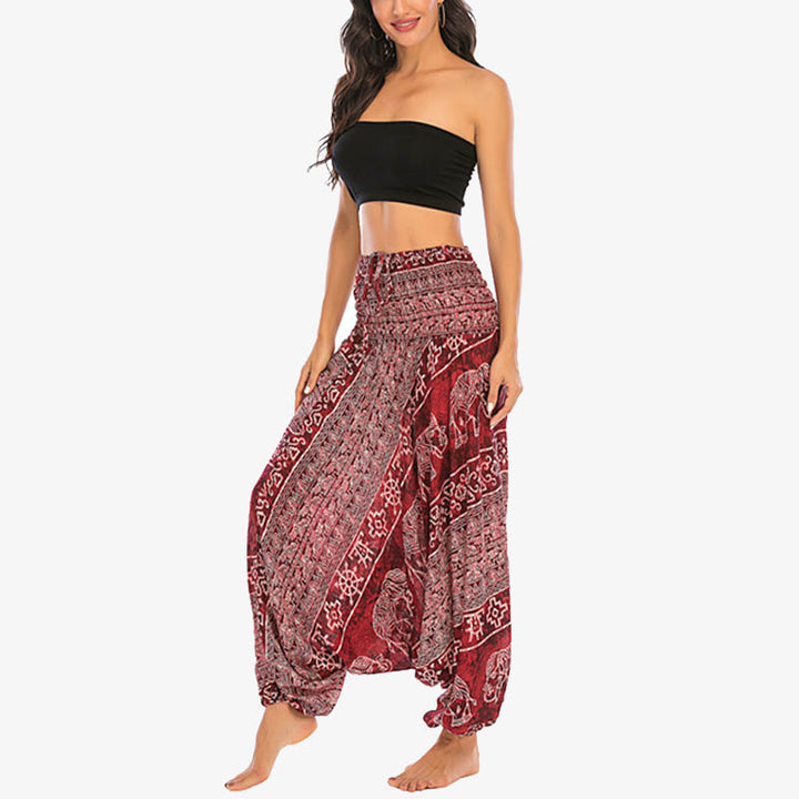 Buddha Stones Two Style Wear Elephant Pattern Loose Smocked Harem Trousers Jumpsuit Women's Yoga Pants - image 3