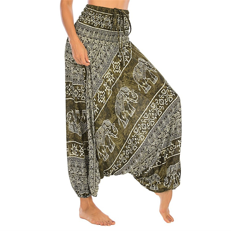 Buddha Stones Two Style Wear Elephant Pattern Loose Smocked Harem Trousers Jumpsuit Women's Yoga Pants - Green Elephant - US2-12，UK/AU6-16，EU34-44 (F) - image 9