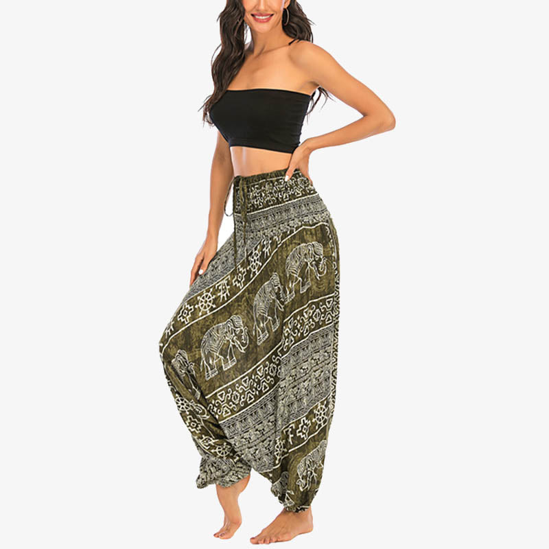 Buddha Stones Two Style Wear Elephant Pattern Loose Smocked Harem Trousers Jumpsuit Women's Yoga Pants