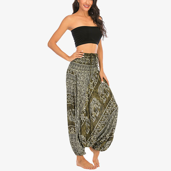 Buddha Stones Two Style Wear Elephant Pattern Loose Smocked Harem Trousers Jumpsuit Women's Yoga Pants - image 14