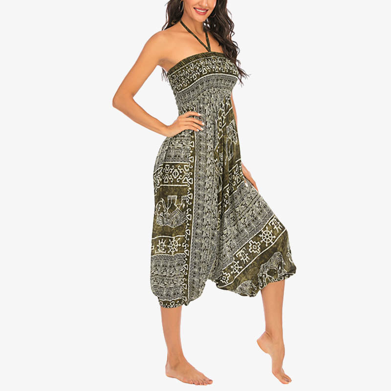 Buddha Stones Two Style Wear Elephant Pattern Loose Smocked Harem Trousers Jumpsuit Women's Yoga Pants