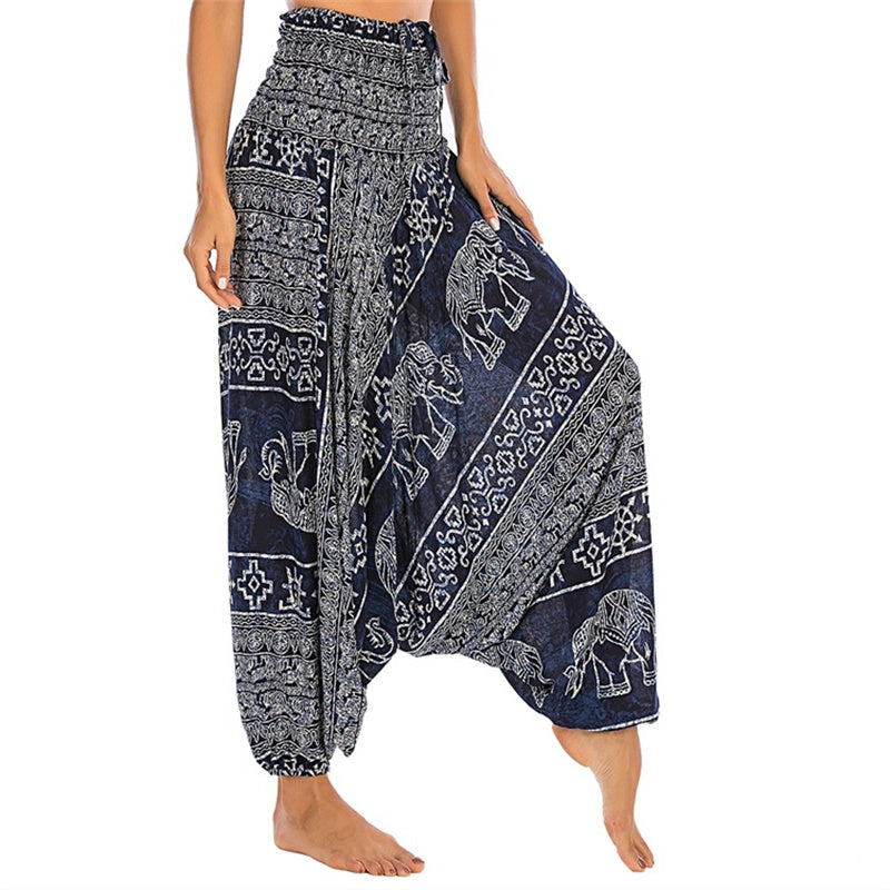 Buddha Stones Two Style Wear Elephant Pattern Loose Smocked Harem Trousers Jumpsuit Women's Yoga Pants - Blue Elephant - US2-12，UK/AU6-16，EU34-44 (F) - image 31