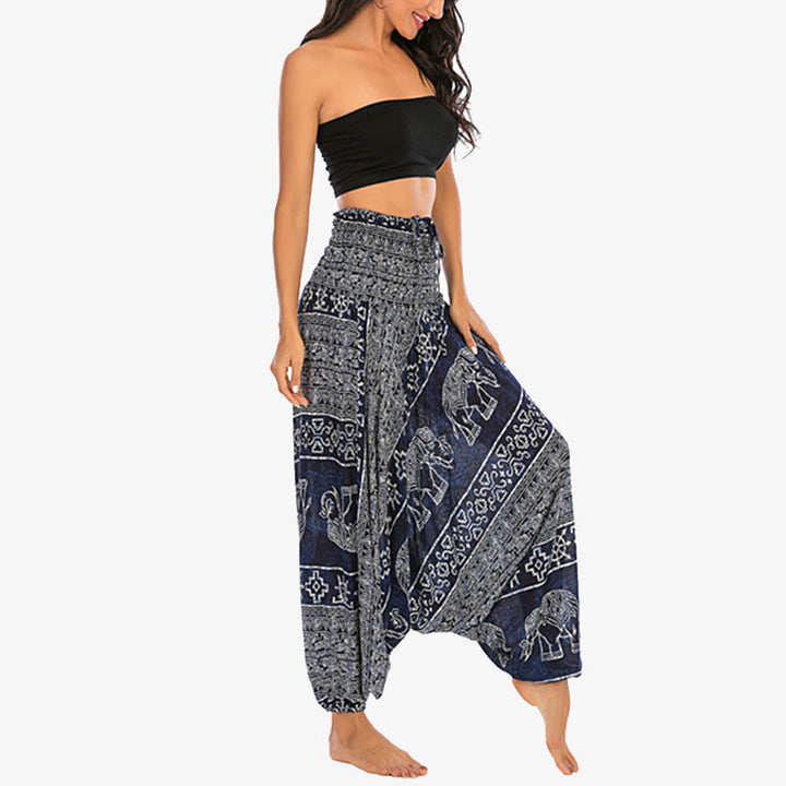 Buddha Stones Two Style Wear Elephant Pattern Loose Smocked Harem Trousers Jumpsuit Women's Yoga Pants - image 34