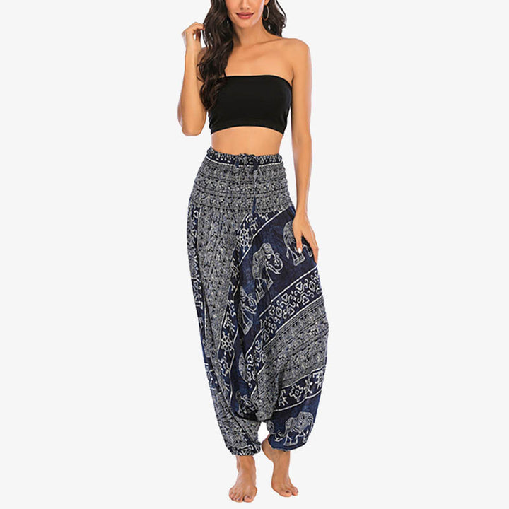 Buddha Stones Two Style Wear Elephant Pattern Loose Smocked Harem Trousers Jumpsuit Women's Yoga Pants