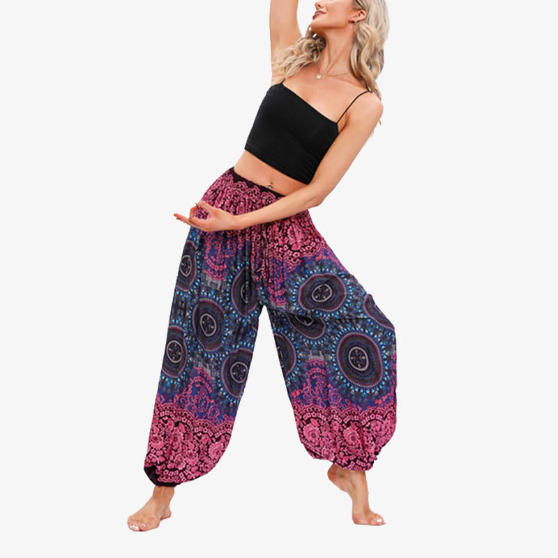 Buddha Stones Round Geometric Flower Floral Loose Harem Trousers Women's Yoga Pants - Rose Red - US2-12，UK/AU6-16，EU34-44 (F) - image 0
