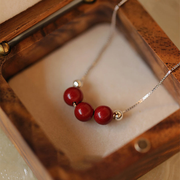 Buddha Stones 925 Sterling Silver Cinnabar Bead Calm Blessing Necklace Pendant - 6mm Three Cinnabar Beads - image 0