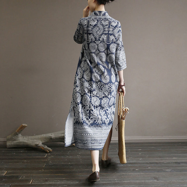 Buddha Stones Blue And White Porcelain Pattern Frog-button Midi Dress Three Quarter Sleeve Linen Batik Dress With Pockets