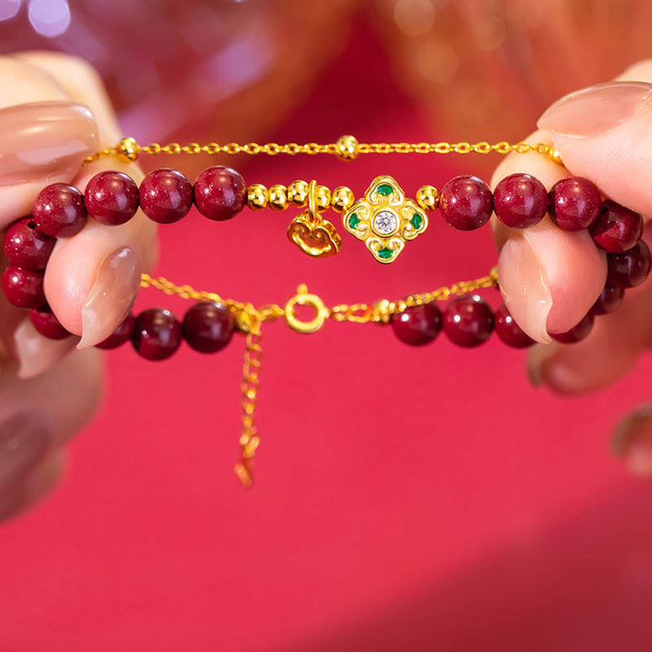 Buddha Stones 925 Sterling Silver Natural Cinnabar Four Leaf Clover Flower Blessing Chain Bracelet - image 4