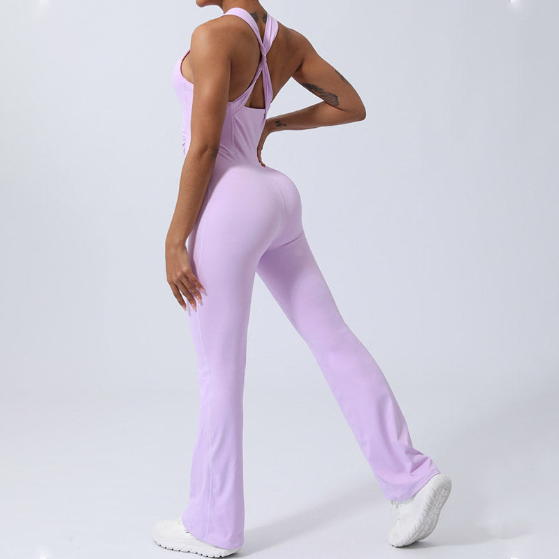 Buddha Stones Women Workout Crisscross Sleeveless Flare Jumpsuit Sports Fitness Yoga Bodysuit - image 14