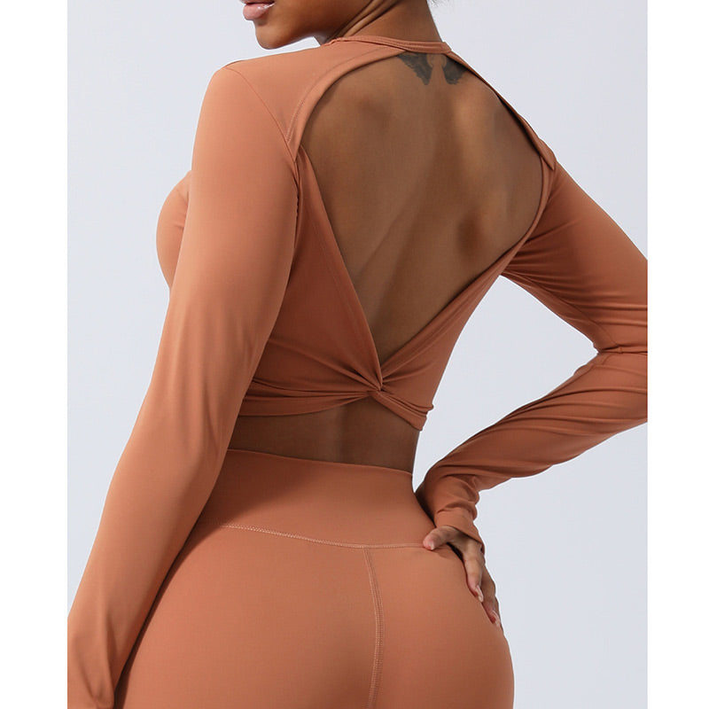 Buddha Stones Women Workout Long Sleeve Crisscross Backless Top Tee Leggings Sports Fitness Yoga Outfit - image 14