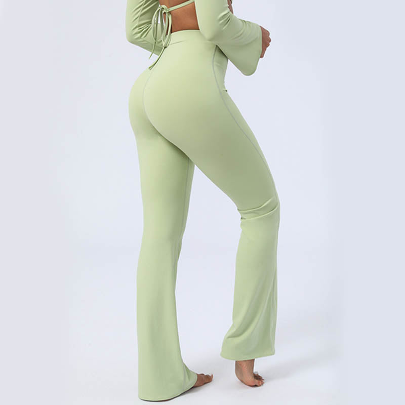 Buddha Stones Long Sleeve Backless Strap Top Bra Flare Pants Fitness Yoga Outfit - Green - Pants - US8-10，UK/AU12-14，EU40-42 (XL)  - image 0