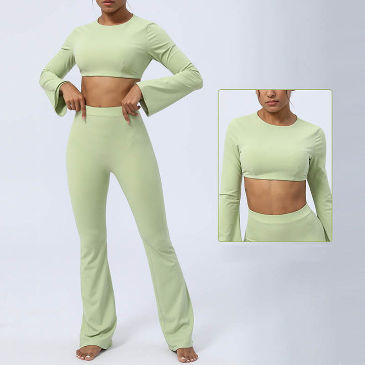 Buddha Stones Long Sleeve Backless Strap Top Bra Flare Pants Fitness Yoga Outfit - image 12