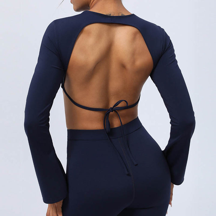 Buddha Stones Long Sleeve Backless Strap Top Bra Flare Pants Fitness Yoga Outfit - image 32